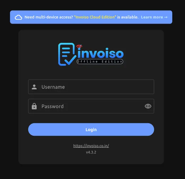Invoiso login screen in dark mode with username and password fields