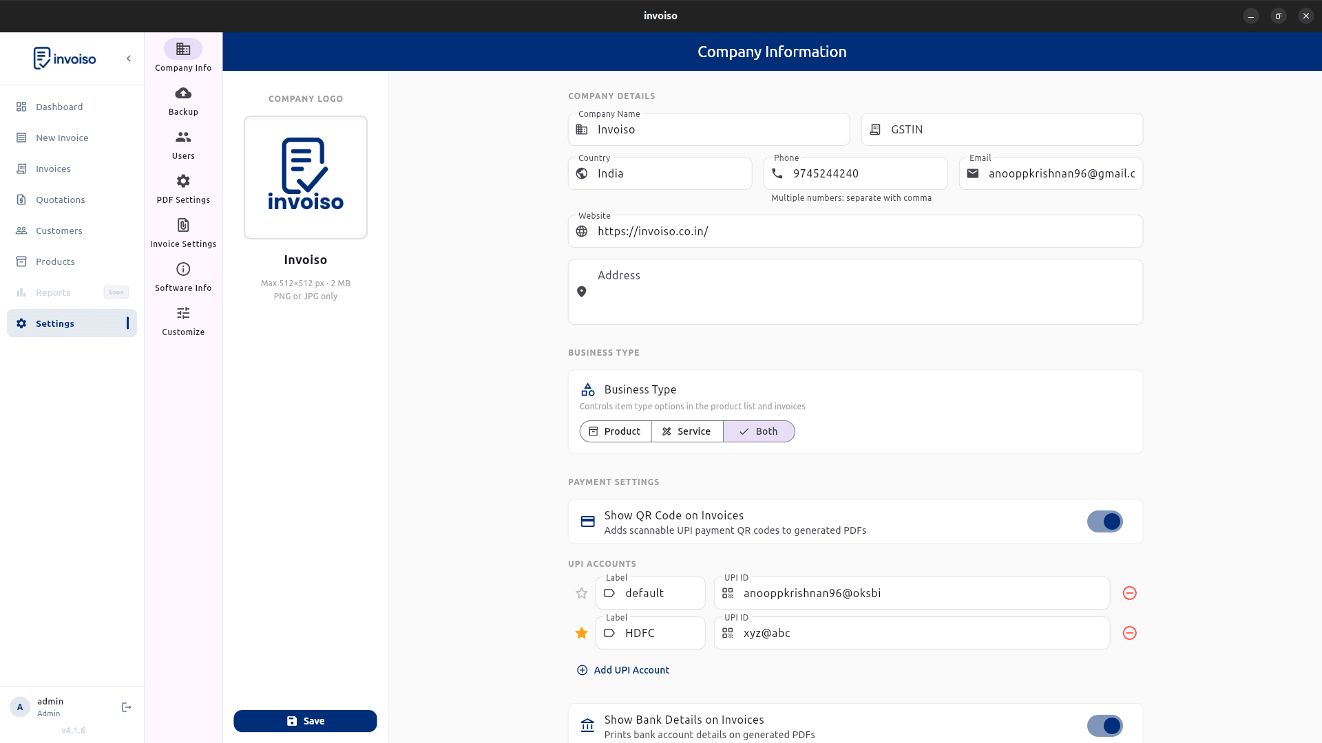 Company information settings in Invoiso — name, address, phone, email, GSTIN and logo