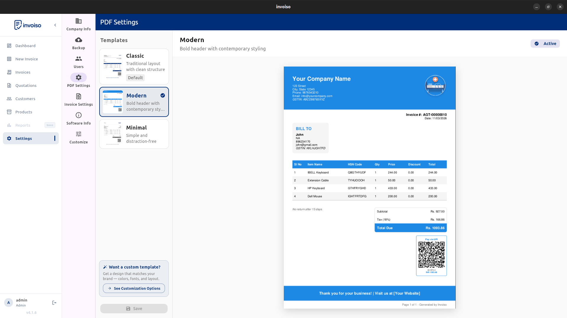 Invoiso PDF template selection — Classic, Modern and Minimal invoice templates side by side