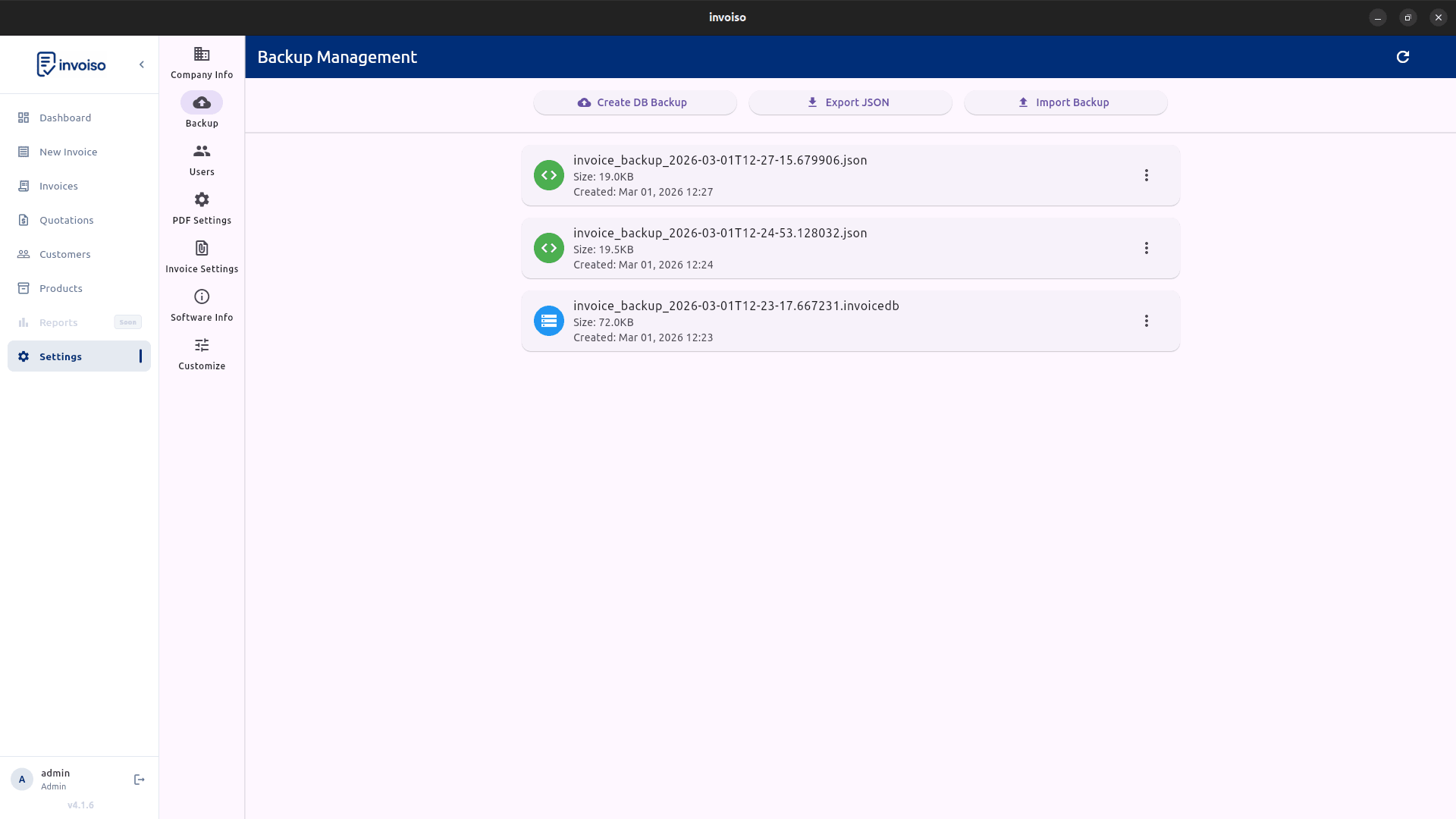 Backup and restore screen in Invoiso — one-click database backup to keep your data safe