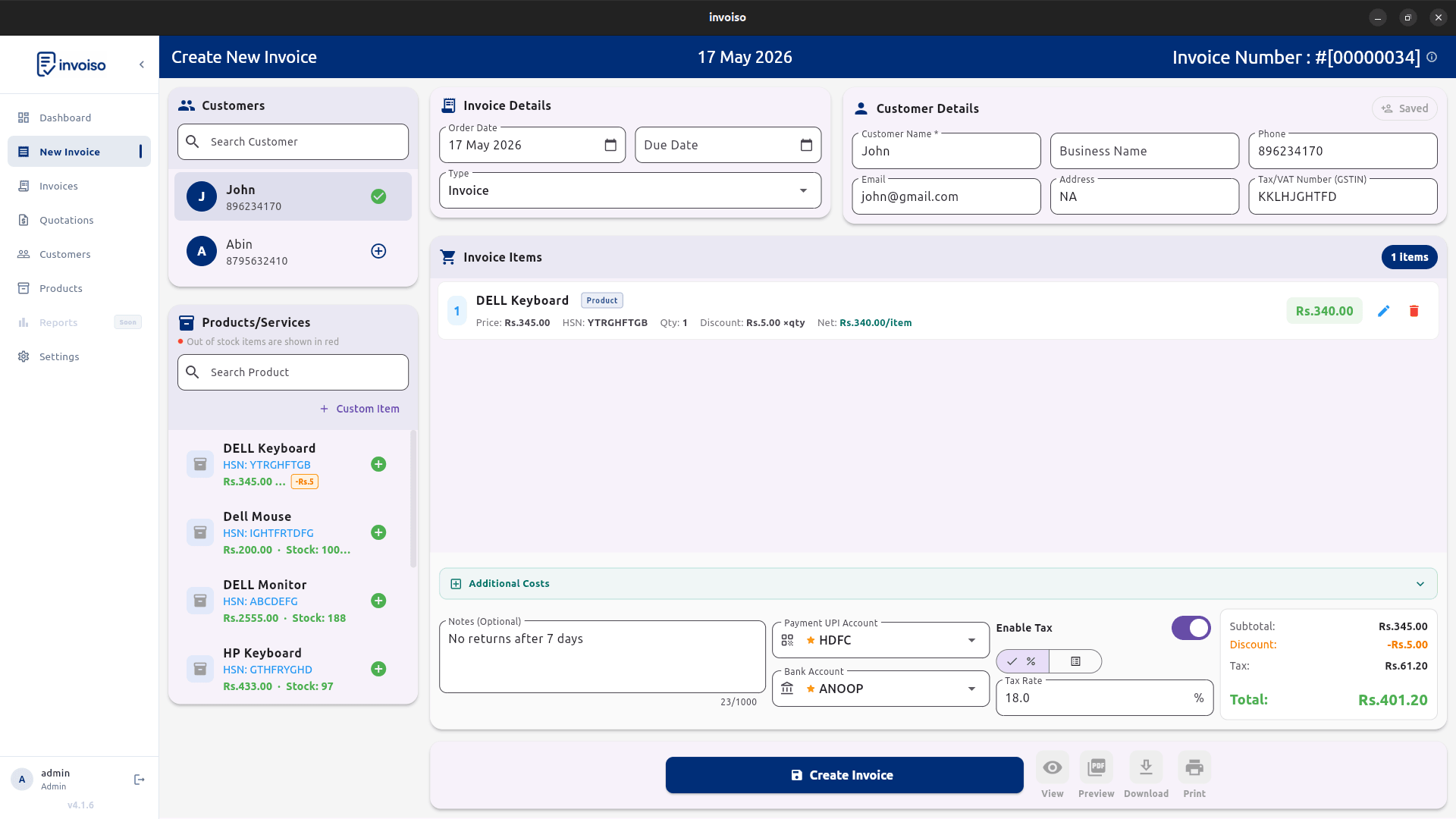 Create a new invoice in Invoiso — select customer, add products, apply tax rate