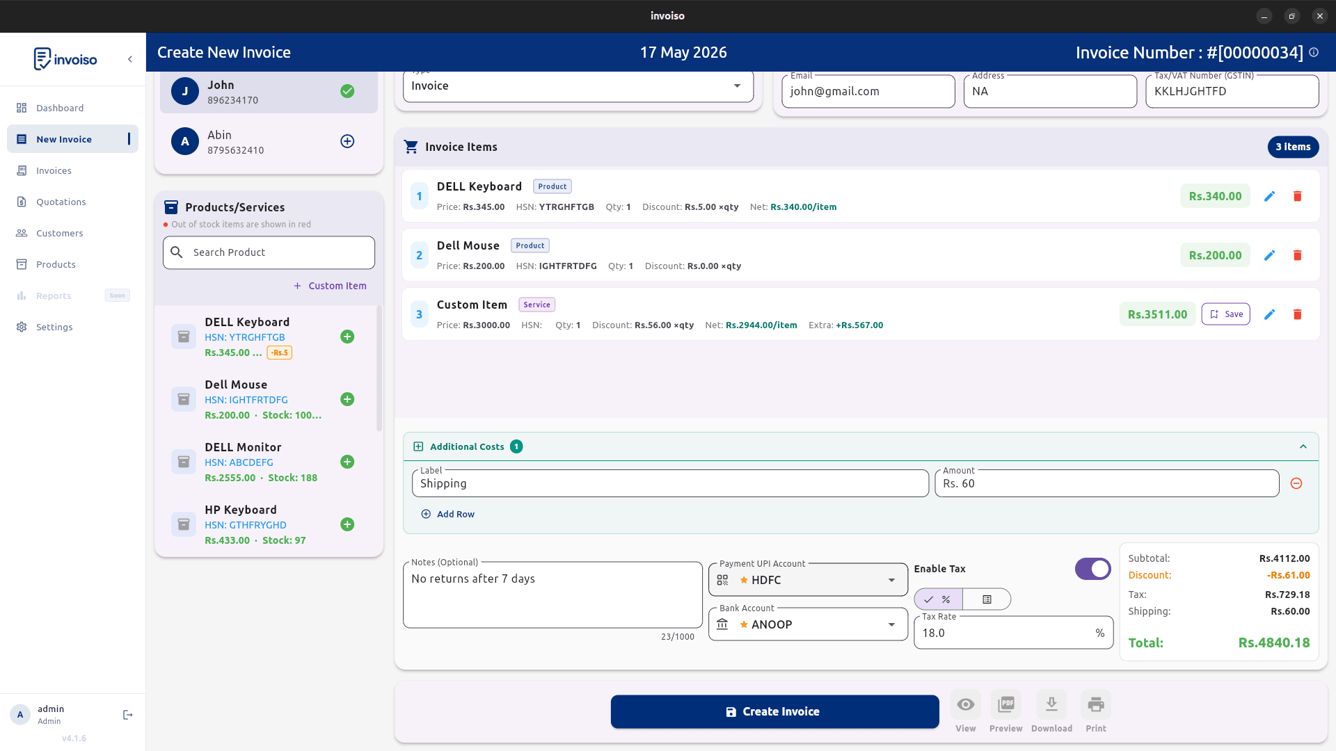 Creating a new invoice in Invoiso with customer country and line item details for an export sale