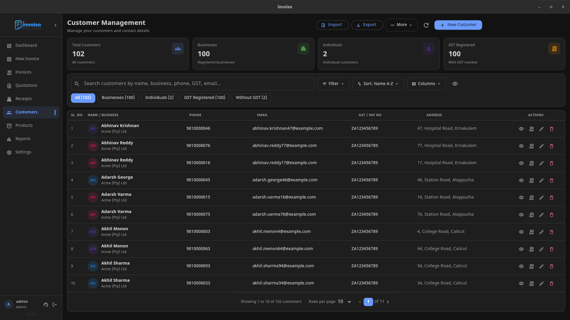 Invoiso customer list showing bulk-imported customer records