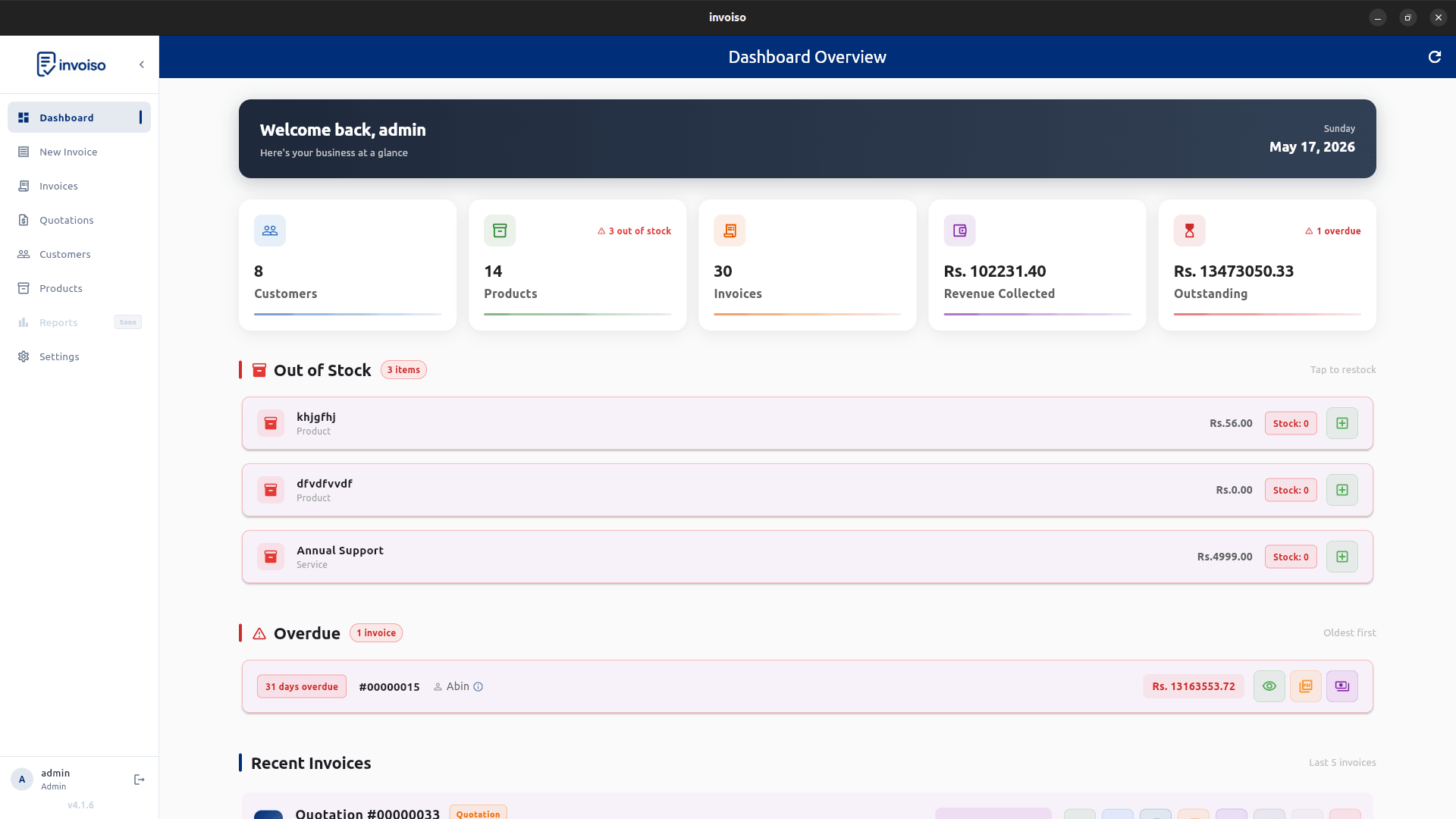 Invoiso dashboard showing total revenue, invoice count, and recent invoices overview