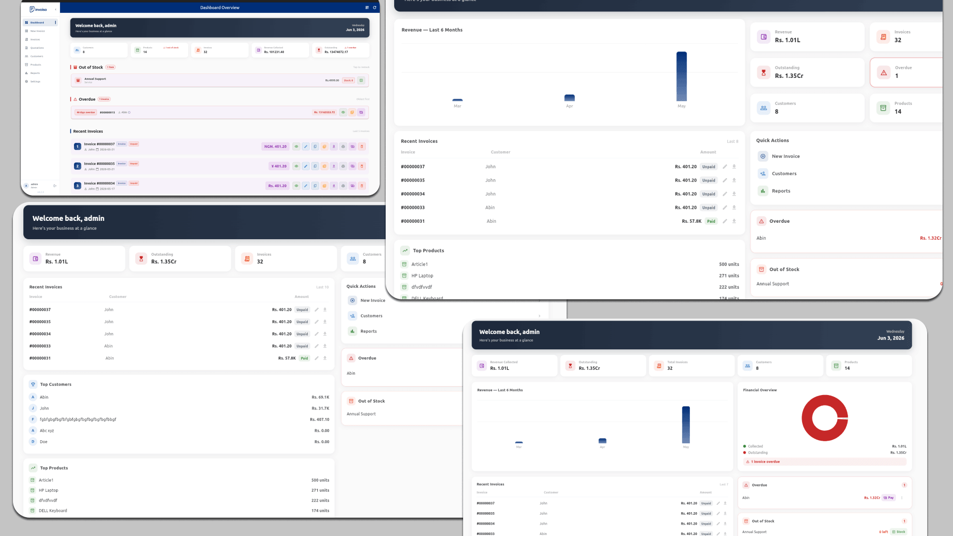 Invoiso dashboard showing multiple layout options — compact, detailed and summary views