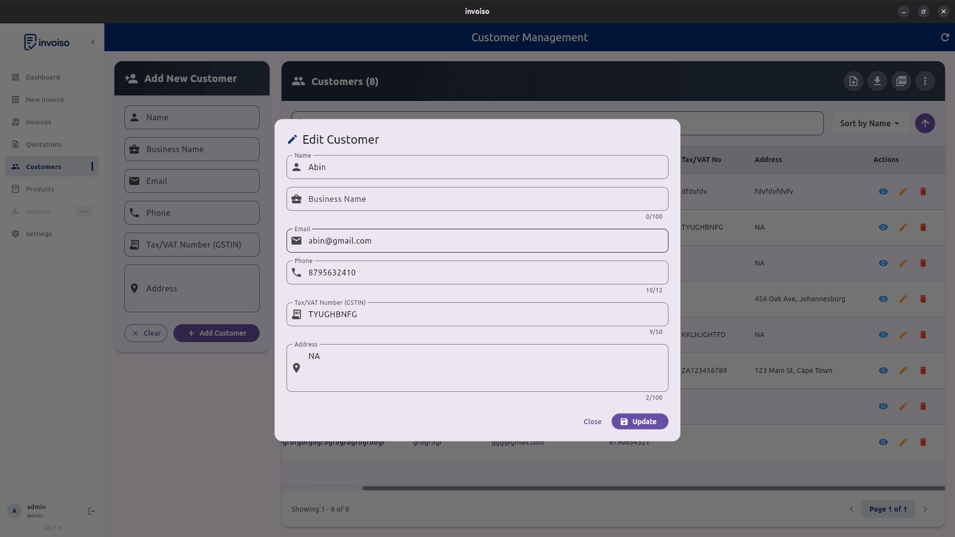Invoiso edit customer screen showing customer fields including business name