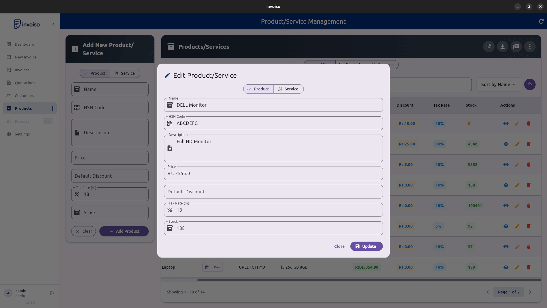 Edit product in Invoiso — set name, price, stock, HSN code and tax rate
