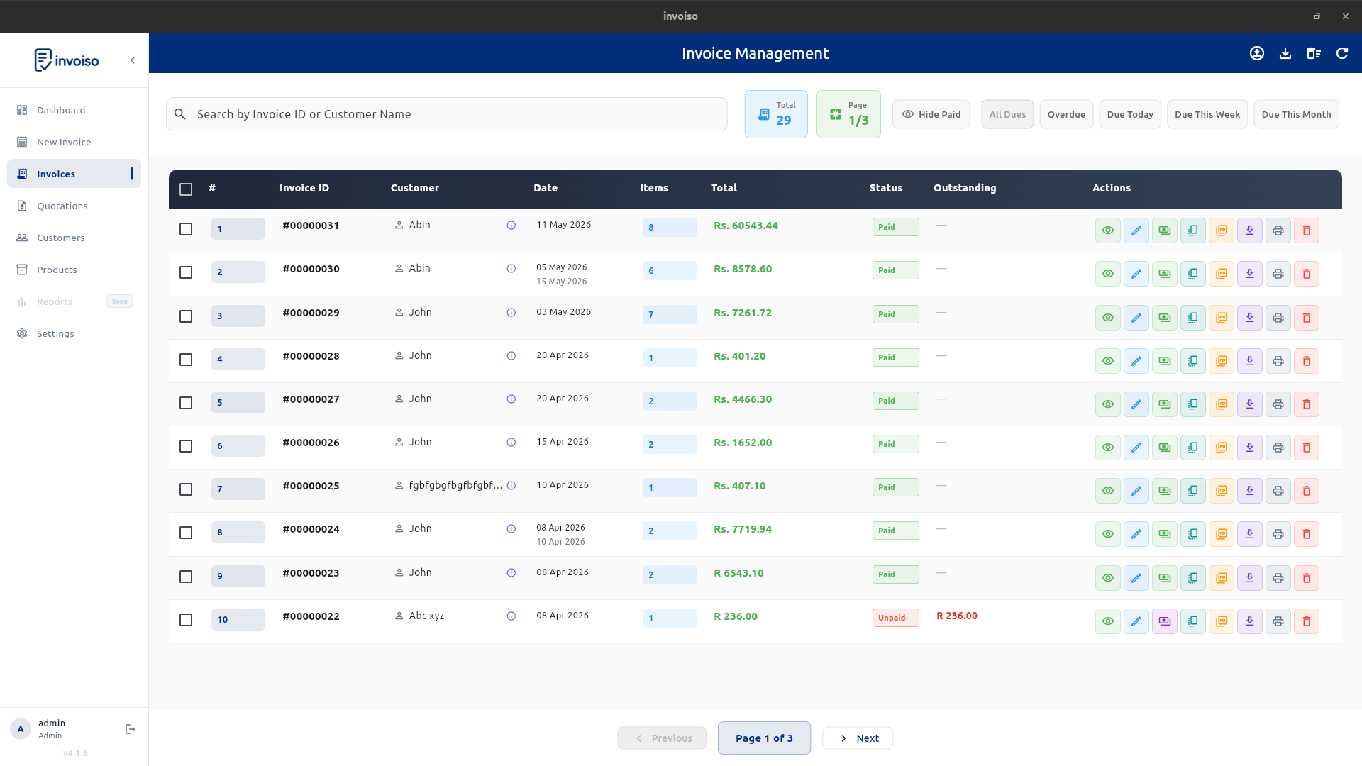 Invoice management list in Invoiso showing all invoices with search, filter and bulk actions