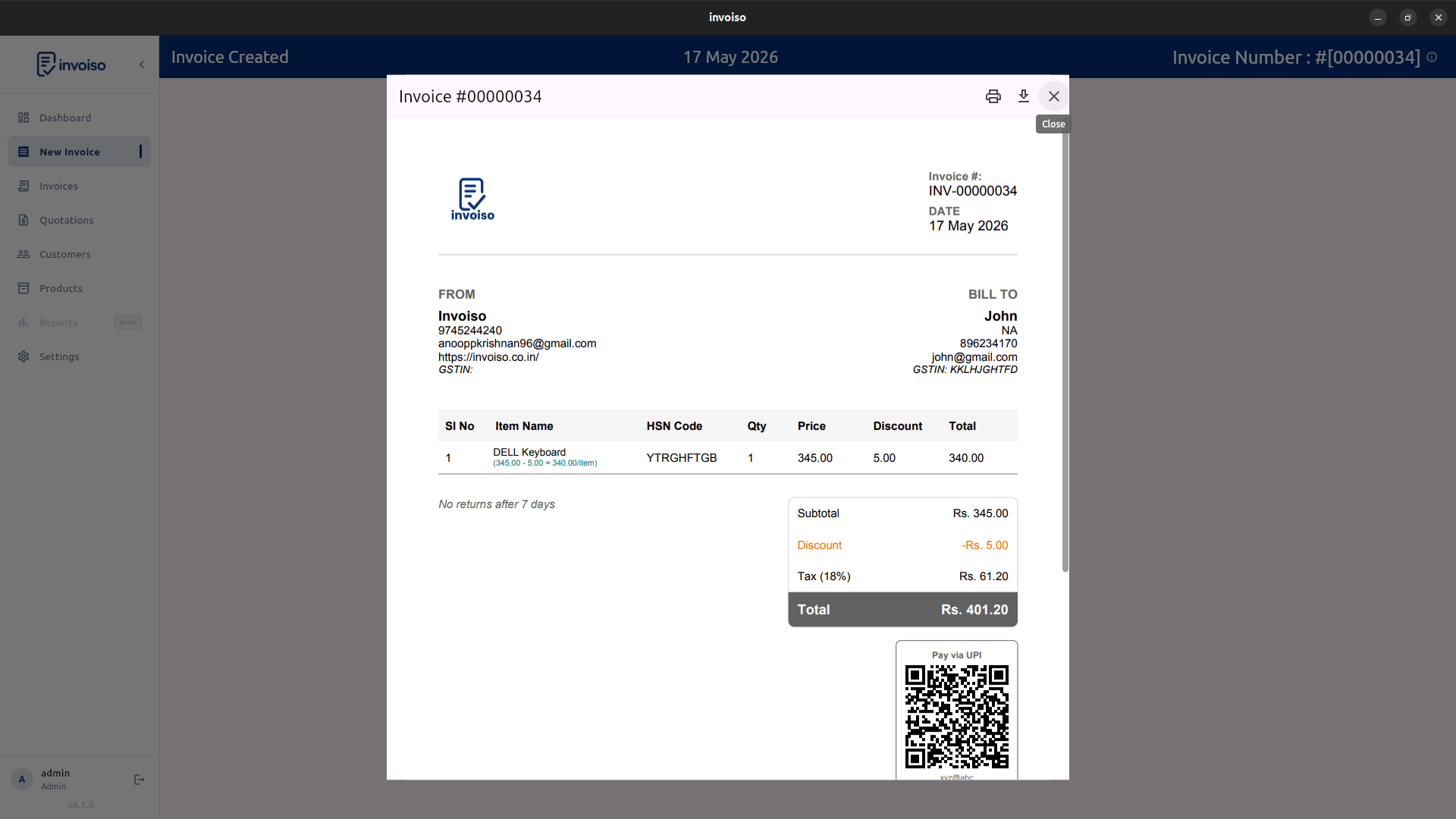 Professional PDF invoice generated by Invoiso with company logo, itemised list and total amount