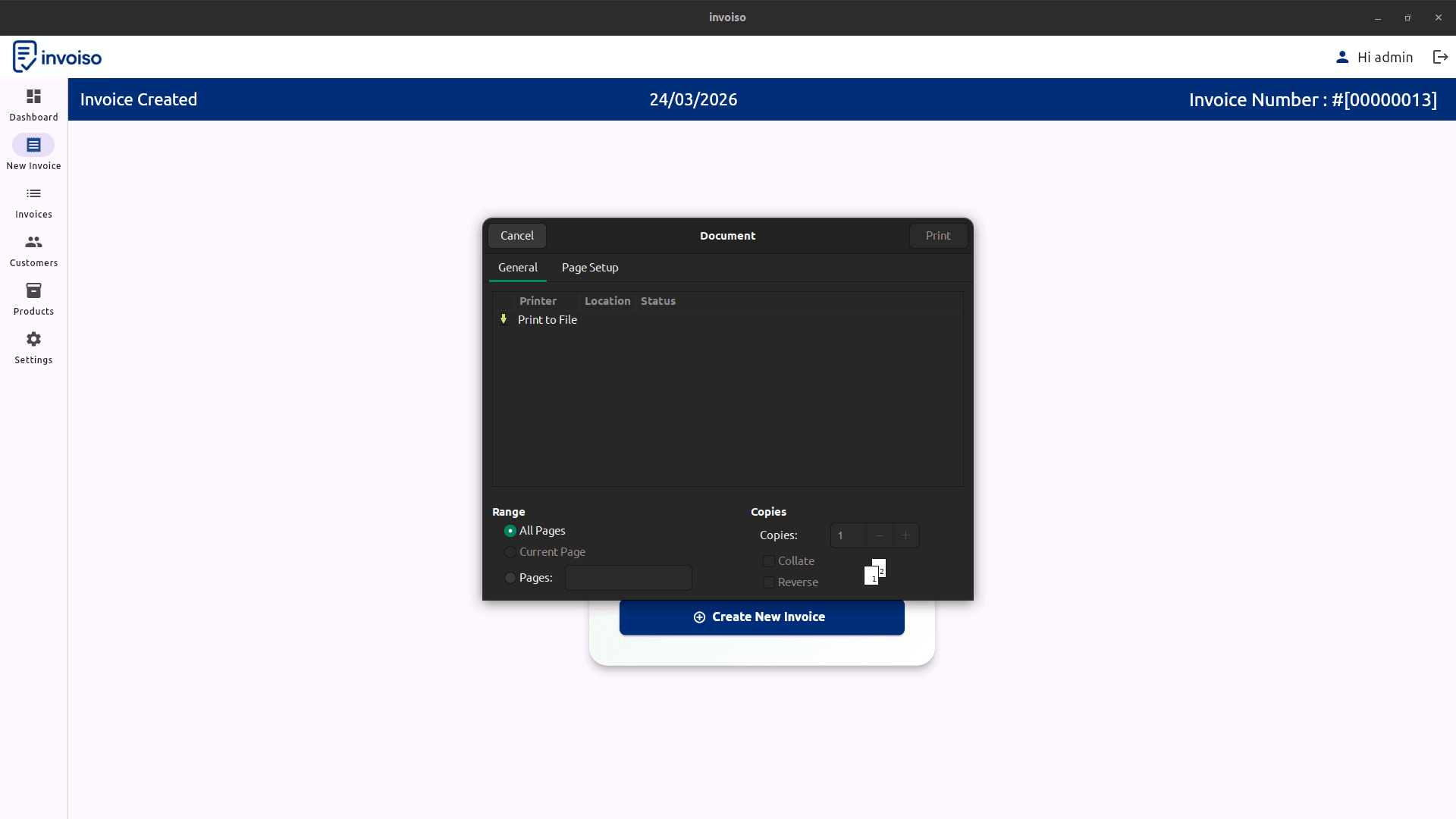 Invoiso print view used for printing invoices and receipts