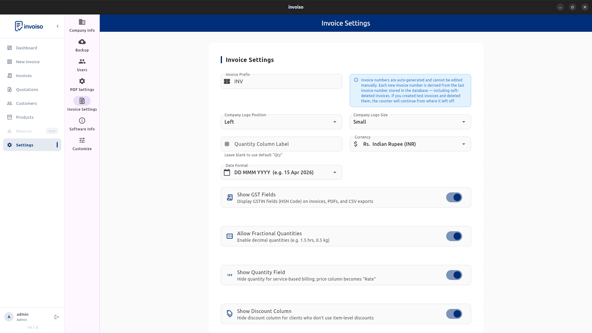 Invoice settings screen in Invoiso — configure prefix, currency, tax and UPI QR code