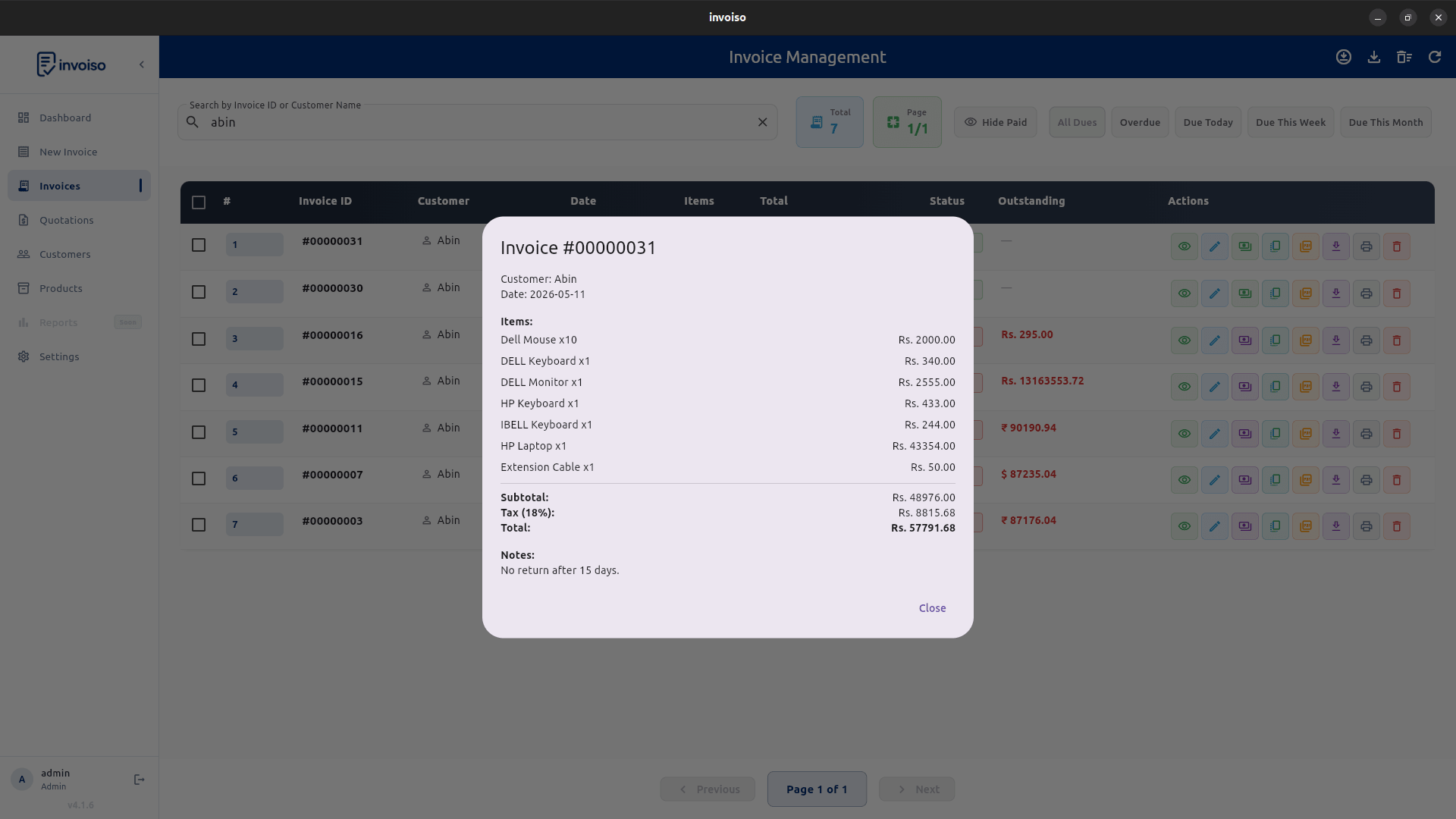 Invoice details view in Invoiso showing customer info, line items and total amount due