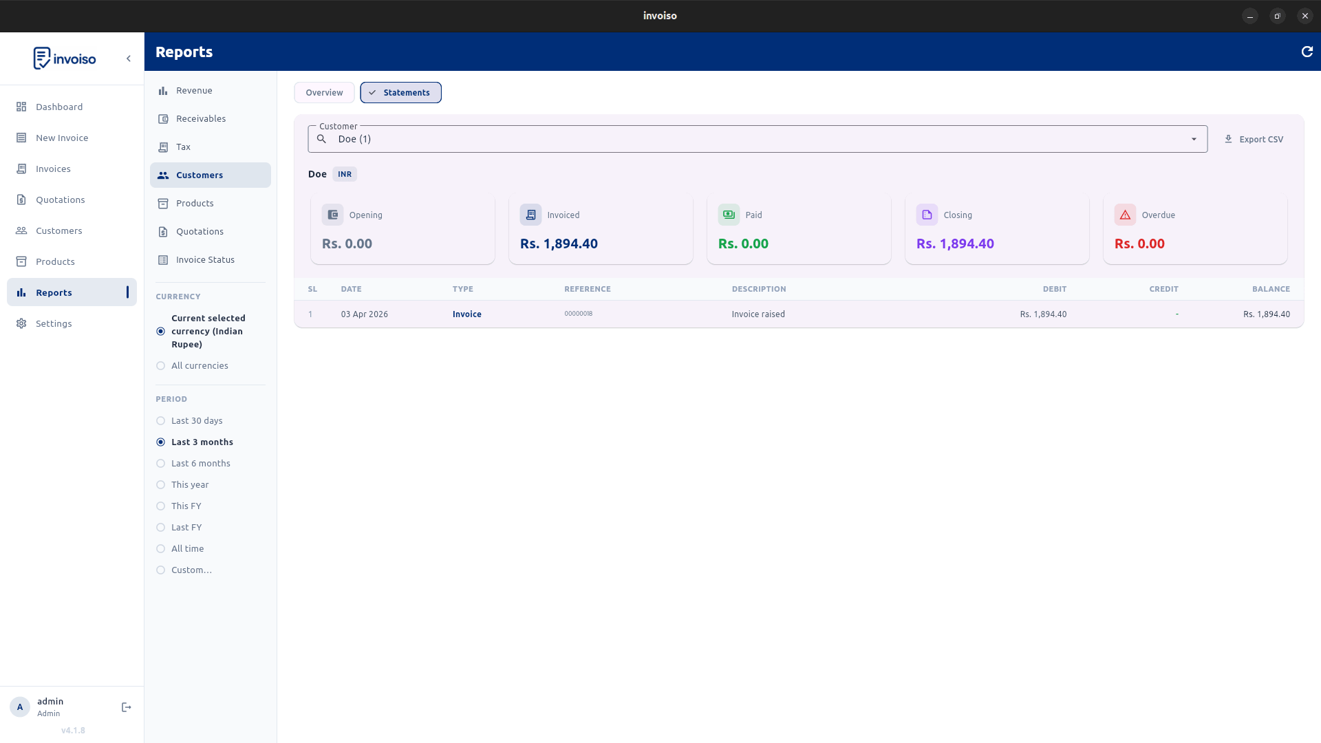 Customer statement report in Invoiso showing invoice and payment history with running balance