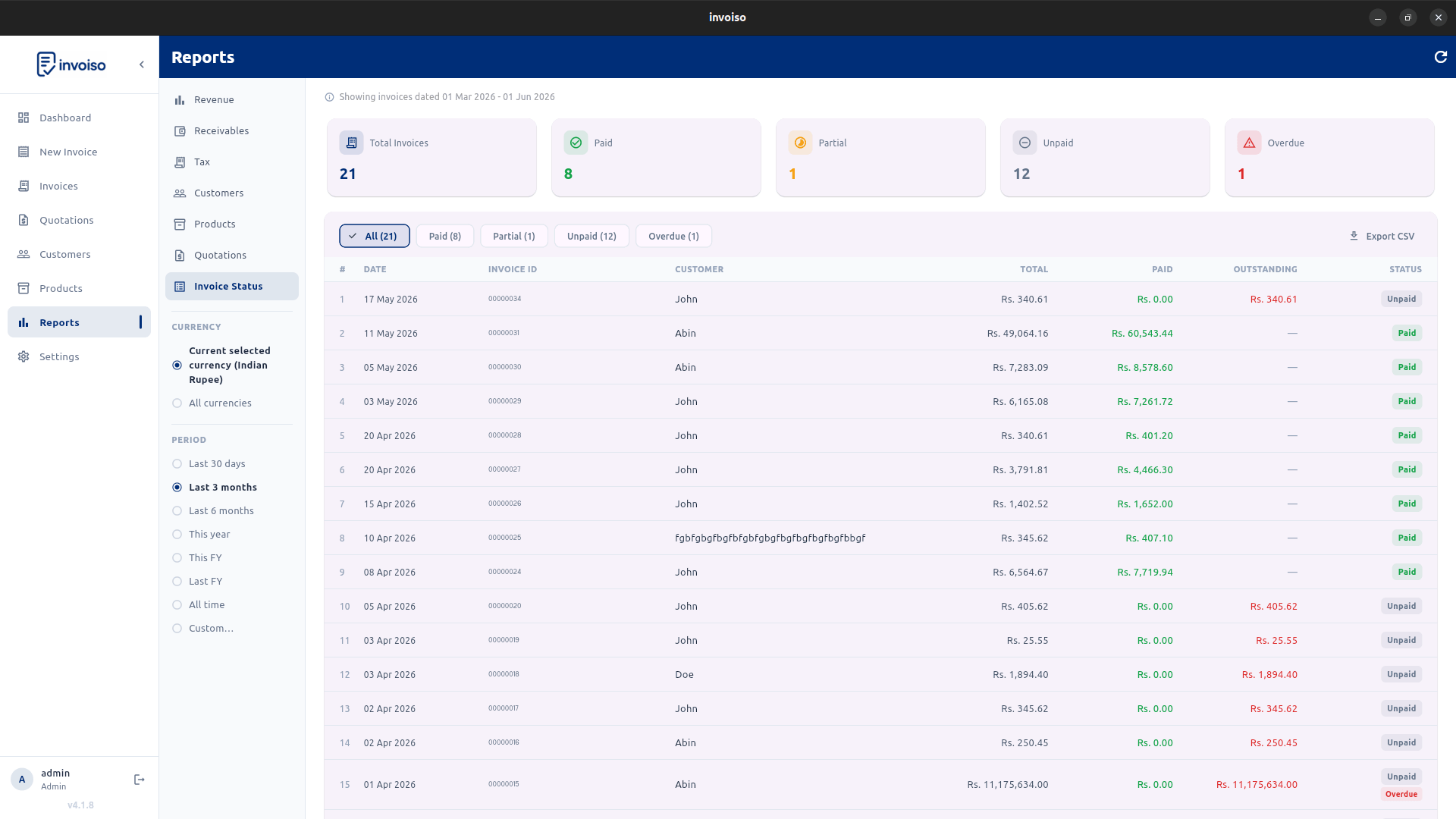 Invoice status list in Invoiso showing paid, partial, unpaid and overdue invoices