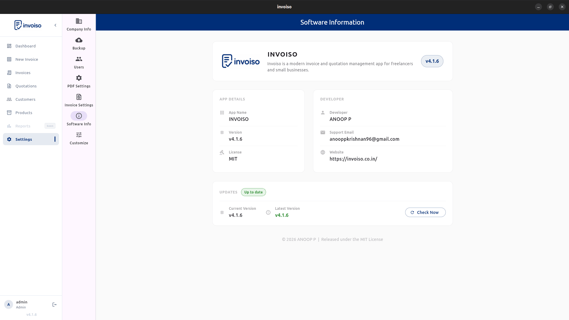 About Invoiso screen — version, developer info and open source license details