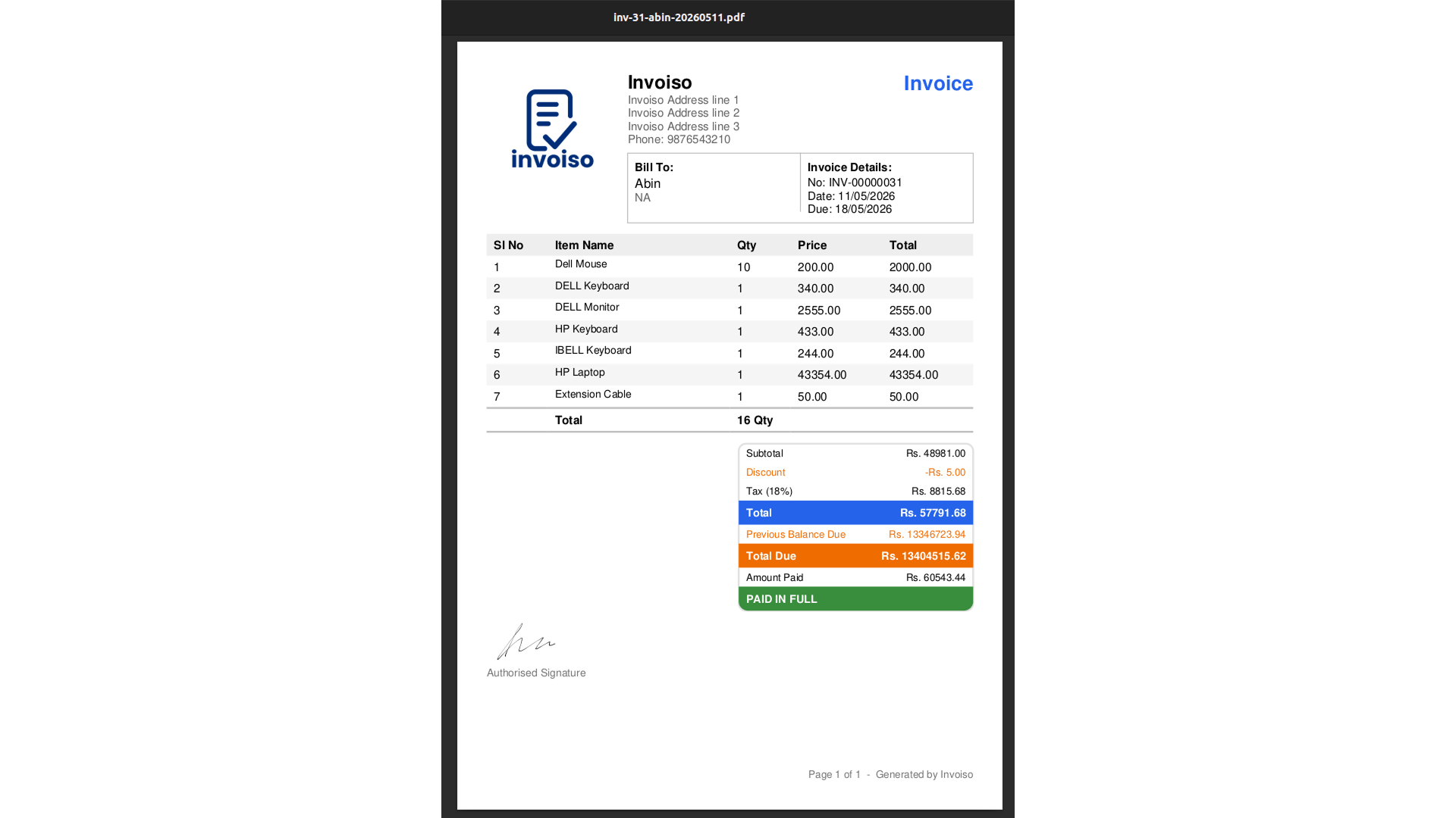 Compact A6 invoice template in Invoiso — fits A6 paper for POS and receipt printers